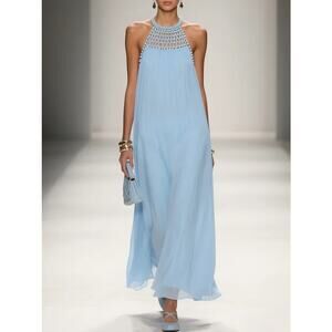 Fehaute Pearl Chiffon Maxi Dress, Braided Neckline, Flowy, Sexy, Halter, Sz 6